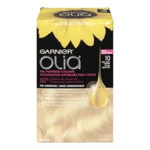 Garnier Olia Ammonia Free Permanent Hair Dye box in shade 10 Light Blonde, featuring an oil-powered formula with 60% natural flower oils for vivid, long-lasting colour and full grey coverage, with a non-drip cream and no ammonia for healthier hair.