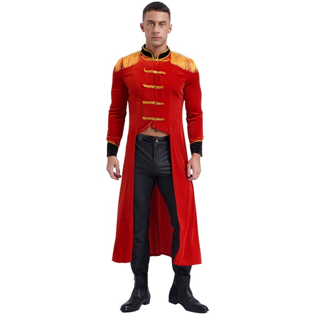 iiniim Men's Steampunk Victorian Jacket Medieval Ring Leader Gothic Tailcoat Circus Ringmaster Costume Red M