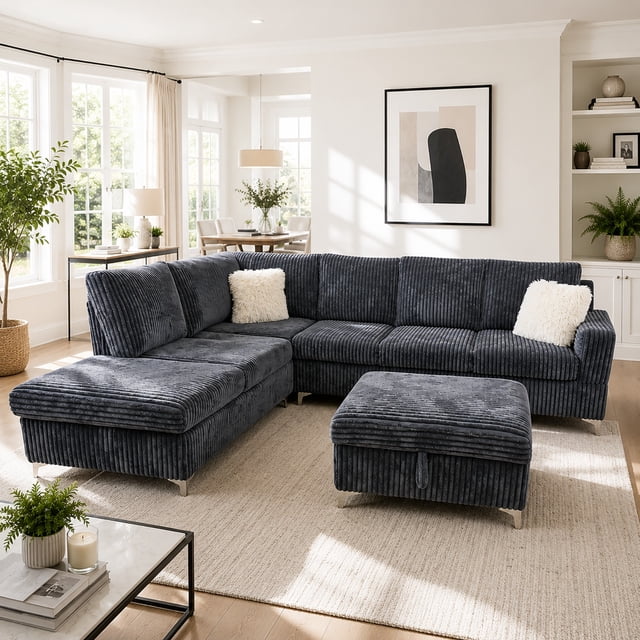 Cosmic Homes Scott Reversible Sectional Sofa Set with Storage Chaise, Drop-Down Tray & Ottoman Grey