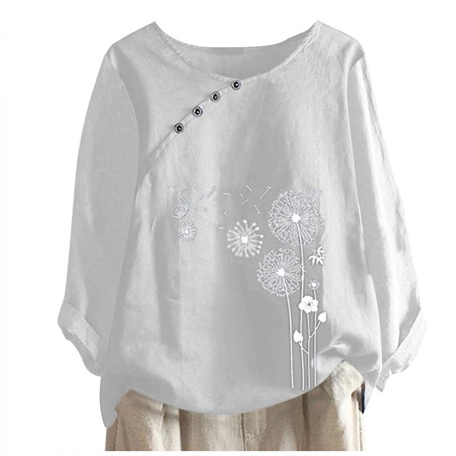 CHUANK Hauts pour Femmes en Solde à Moins de 10$ Hauts Décontractés Printemps Été Manches Longues en Coton Lin Imprimé Graphique Pissenlit Col Rond Blouses Vintage Grande Taille