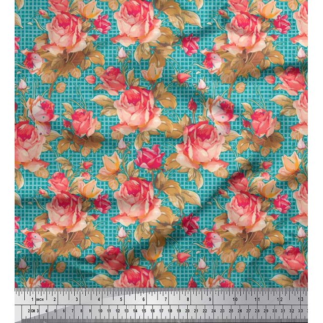 Soimoi Modal Satin Fabric Check,Leaves & Rose Floral Decor Fabric Printed Yard 42 Inch Wide