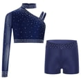 thumbnail image 1 of RUNQHUI Gymnastics Leotard for Girls 2 Piece Dance Outfit Rhinestone Mesh Crop Top with Shorts Set Activewear Navy Blue 8, 1 of 6