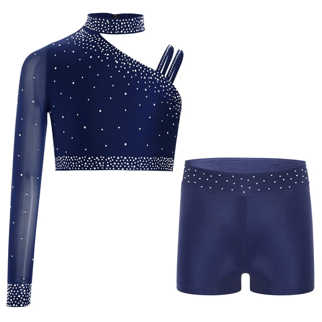 RUNQHUI Gymnastics Leotard for Girls 2 Piece Dance Outfit Rhinestone Mesh Crop Top with Shorts Set Activewear Navy Blue 8