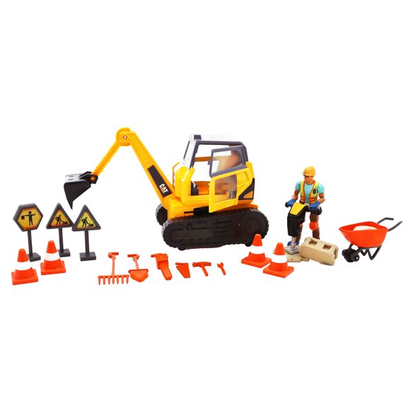 Cat Workforce Excavator Action Set, 23-Piece Kids Construction Toy Playset with 4-Inch Figure, Non-Drying Dirt Compound, Molds, Signs,