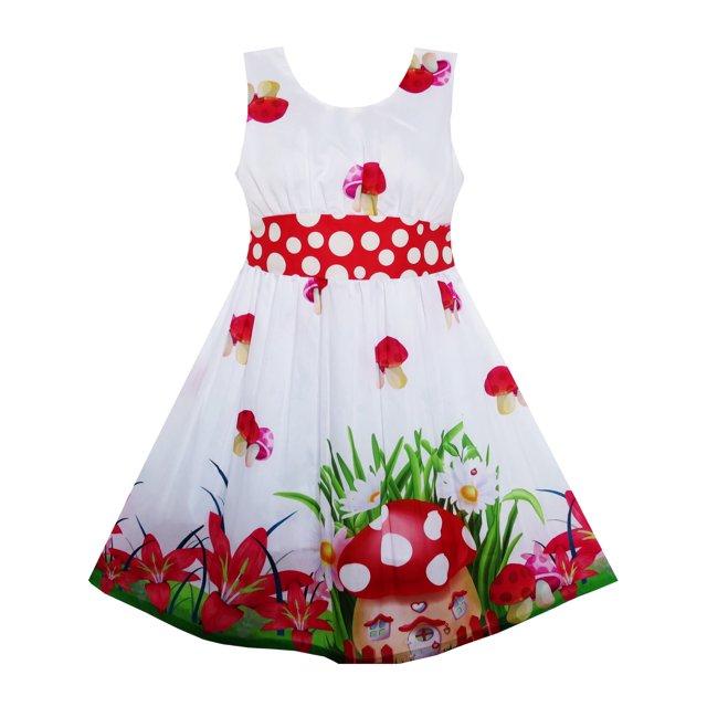 Robe Fille Champignon Fleur Herbe Imprimé Pois Ceinture Rouge 6 Ans