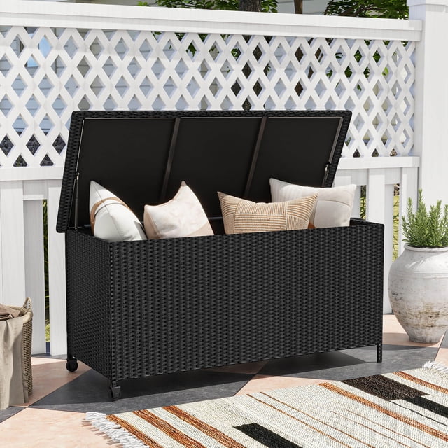 Costway Coffre de Terrasse en Rotin de 85 Gallons avec Doublure Imperméable, Roues Universelles et Vérin à Gaz, Noir