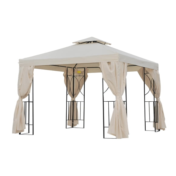 Outsunny Pavillon de Terrasse 10 Pieds x 10 Pieds pour l'Extérieur, Abri avec Toit à Double Niveau, Parois Latérales de Pavillon pour Événements au Jardin, Blanc Crème