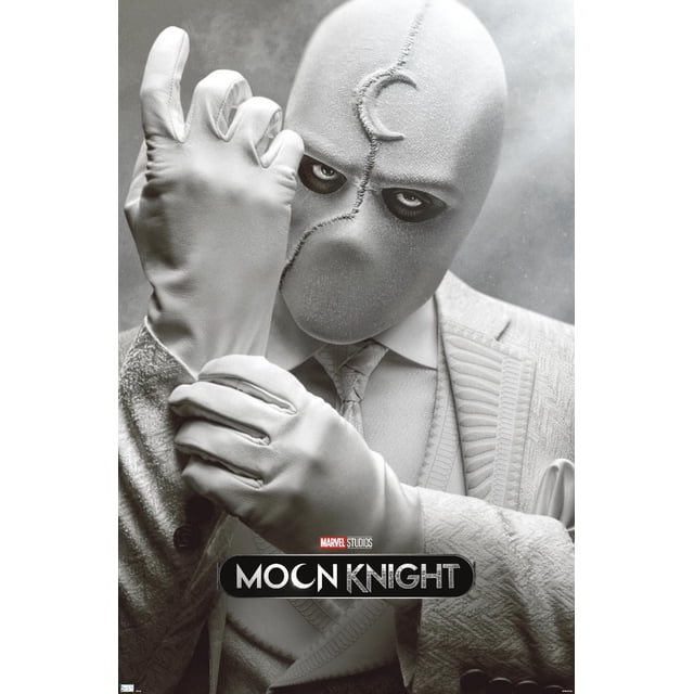 Marvel Moon Knight - Mr. Knight Affiche Murale d'Une Feuille Représentant un Gros Plan d'Une Figurine en Complet Texturé Blanc avec Cravate, Portant des Gants Blancs et Ajustant un Gant de l'Autre Main, avec le logo Marvel Studios Moon Knight au Centre Inférieur.