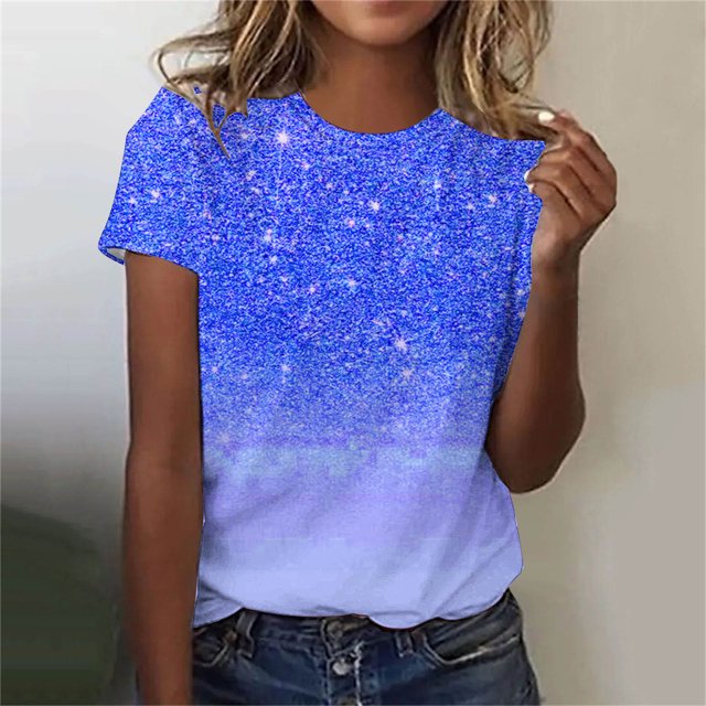 XZNGL Womens Casual Sparkling Crystal Printed Round Neck Short Sleeved Top
