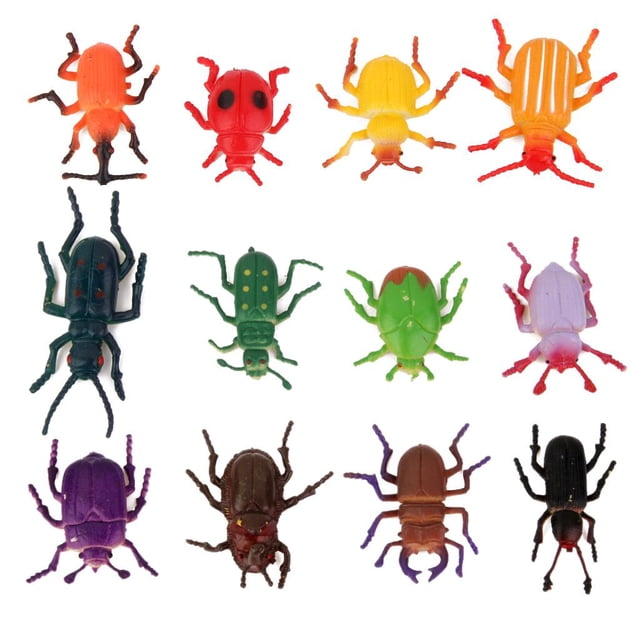 12 Creepy Bag & Pinata Fillers Toy featuring a set of 12 colorful rubber beetle toys. Each beetle measures approximately 4cm in length and 3.2cm in width. Includes vibrant designs in red, yellow, green, purple, and black, ideal for party supplies, decorations, or pretend play.