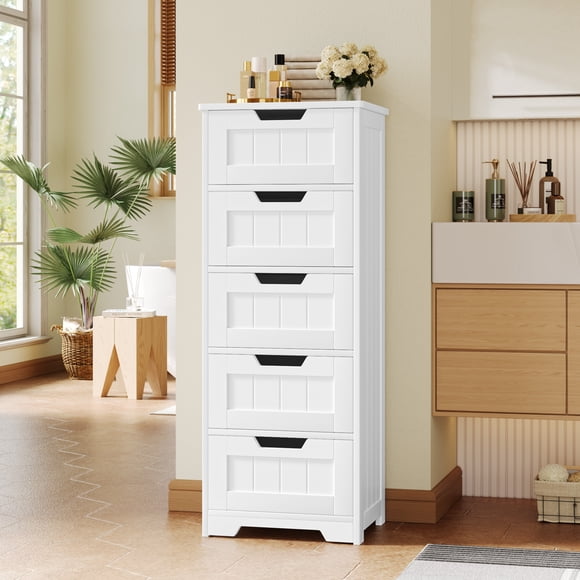 Homfa Modern Bathroom Cabinet, Free Standing Storage Cabinet with 5 Drawers Organizer Unit for Living Room Bedroom, White