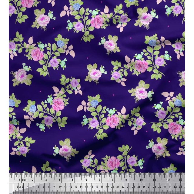 Soimoi Tissu Crêpe Polyester Feuilles, & Imprimés Floraux Roses au Mètre 52 Pouces de Large