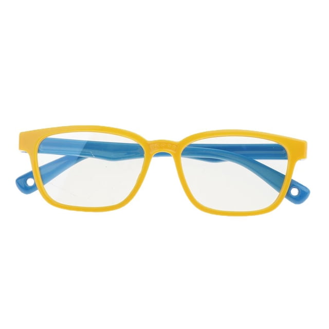 Kids Glasses Light 400 Children Gaming Computer Goggles in yellow with a soft silicone frame. These blue light blocking glasses are designed to protect kids' eyes from electronic screens like TVs, computers, and mobile phones. The lightweight and flexible frame ensures comfort for boys and girls. Frame dimensions are approximately 13 x 12 x 3.5 cm (5.12 x 4.72 x 1.38 inches).