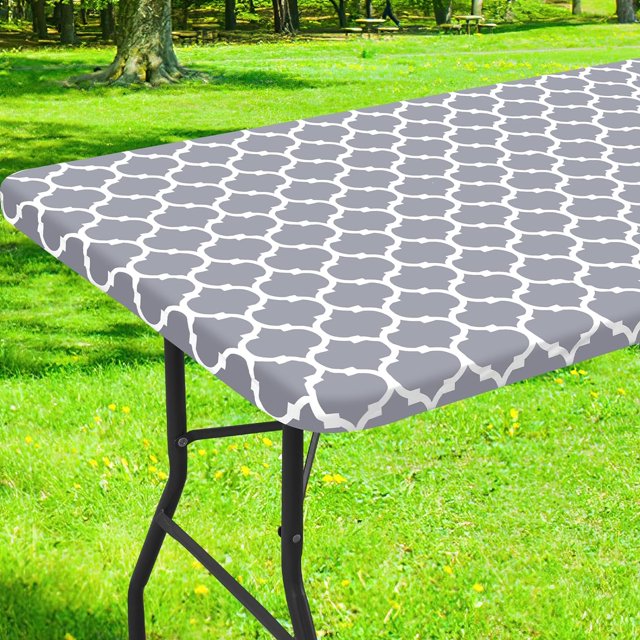 LAICAIW Elastic Fitted Vinyl Tablecloth in a grey Moroccan pattern, designed for a 30'' x 48'' rectangular table. The tablecloth features a snug elastic fit with a flannel backing to prevent slipping, offering protection against stains, spills, and scratches. Waterproof and easy to clean, it is ideal for outdoor picnics, camping, and parties. Shown on a folding table in a grassy outdoor setting.