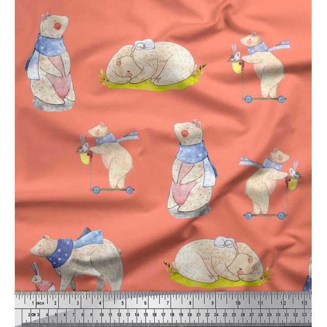 Soimoi Tissu en Rayonne Cycle,Rabbit & Bear Tissu Imprimé pour Enfants au Mètre 42 Pouces de Large