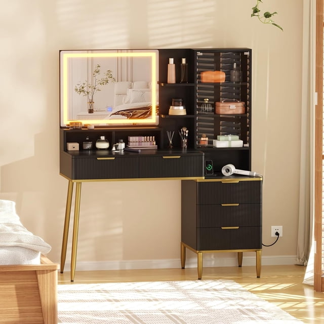 Coiffeuse avec Lumières et Prise de Courant, Grande Coiffeuse Moderne à Cannelures avec Miroir Hd Éclairé de 30 Po, 5 Tiroirs et Tablette de Rangement, Table de Toilette pour Femmes et Filles