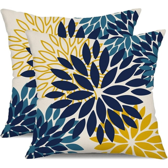 Blue Yellow Flower Pillow Covers 16x16 Inch Set of 2 Outdoor Throw Pillows Outdoor Waterproof Decor for Living Room Sofa Patio Funiture Garden Floral Polyester Pillow Covers 012D16