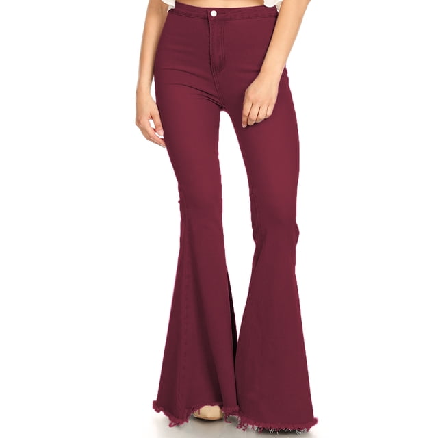 Feinuhan Women's High Waist Flared Bell Bottom Jeans in burgundy, size X-Large. These retro-style jeans feature a high waist, wide-leg flare, and frayed hem detailing. Made of 90% cotton and 10% polyester, they are stretchy, breathable, and comfortable for all-day wear. The design includes two back pockets and a flattering fit that elongates the legs. Ideal for pairing with crop tops, T-shirts, or blouses for casual or party looks.