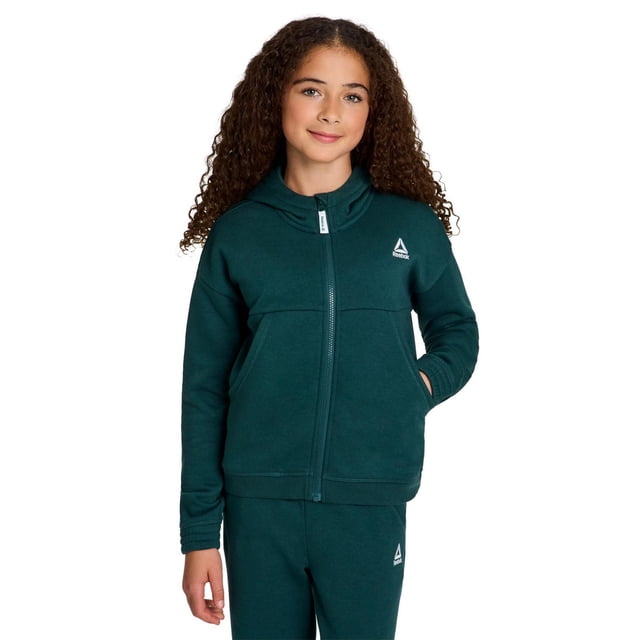 Chandail à Capuchon à Glissière Intégrale Reebok Encore pour Filles, Vert Foncé, Coupe Décontractée, avec Fermeture Éclair avant Intégrale, Poche Kangourou, Poignets Élastiques et logo Reebok Blanc Brodé sur la Poitrine Gauche. Le Pantalon Assorti Vert Foncé a Aussi le logo Reebok sur la Cuisse Gauche, Convient aux Tenues Décontractées Ou aux Activités.