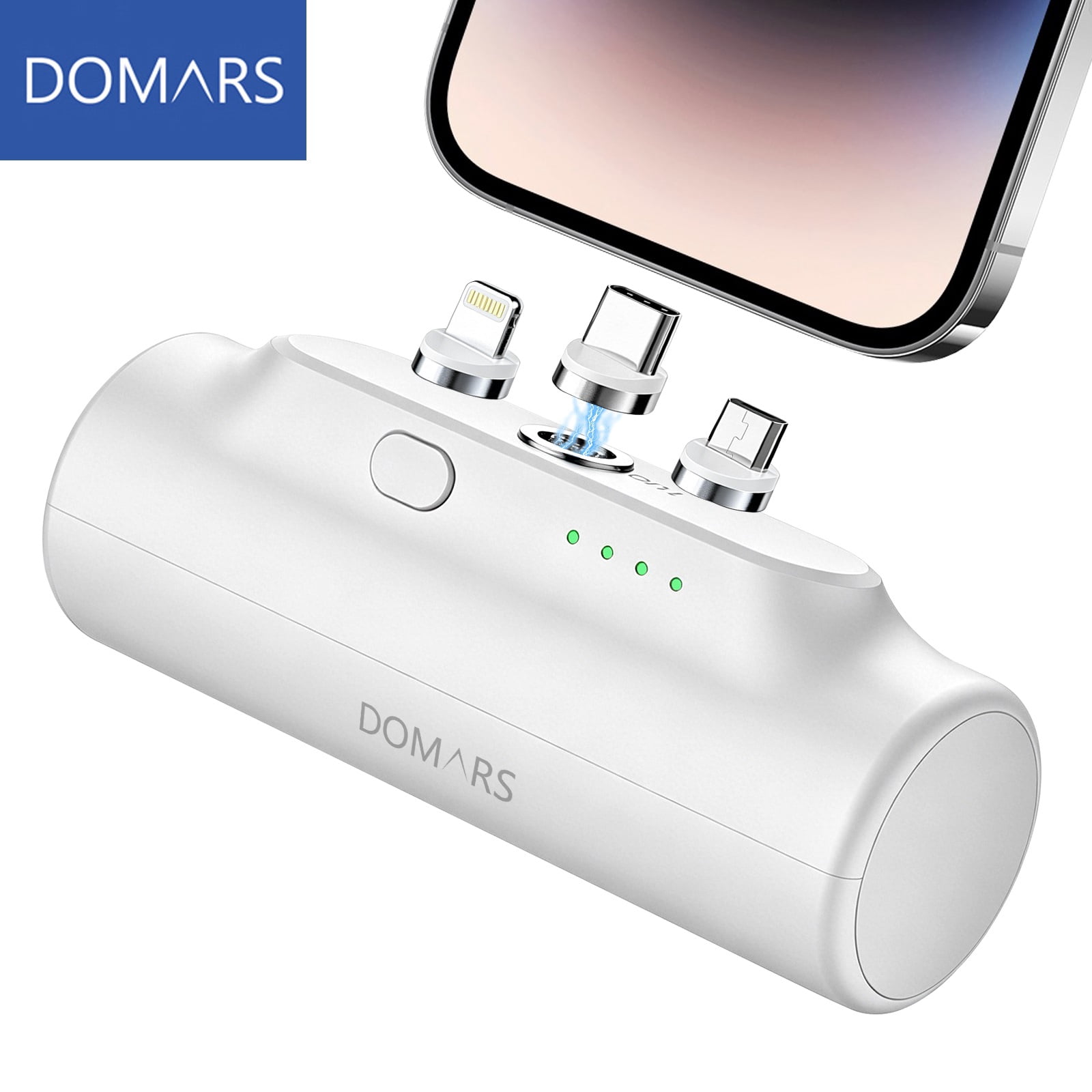 Domars 3000mAh Magnetic Power Bank, Ultra Light 60g Portable Charger with 3 Replaceable (Type-C, iOS, Micro USB), Strong Magnetic Adsorption Mini Power Bank with LED Indicator