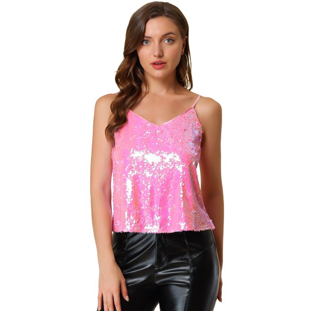 INSPIRE CHIC Camisole Courte à Paillettes d'Halloween pour Femme à Bretelles Spaghetti L Rose