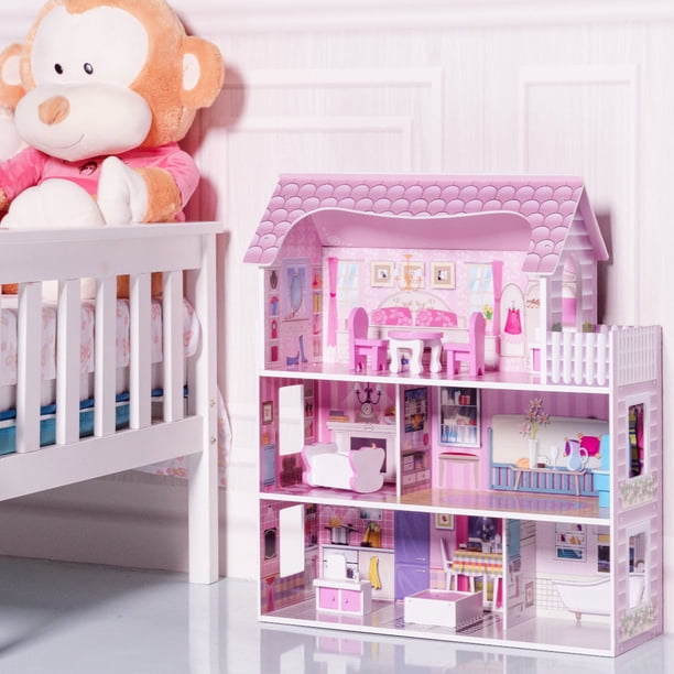 Gymax 28'' Pink Dollhouse w/ Furniture Rooms 3 Levels Young Girls