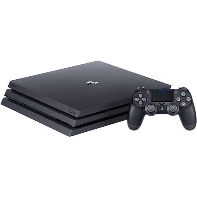 Refurbished PlayStation 4 Pro Console in jet black with 1TB storage, shown with a matching DualShock 4 controller. The console features a sleek, layered design with the PlayStation logo on top. Includes a power cable, USB cable, and HDMI cable. Ideal for enhanced gameplay with faster frame rates and vivid graphics for select PS4 games.