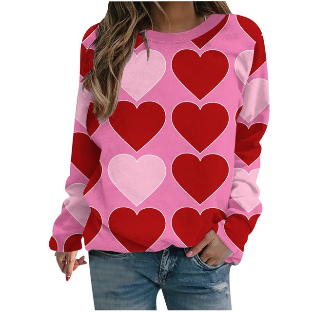 VALMASS Chandails en Molleton de la Saint-Valentin pour Femmes Manches Longues Col Rond Décontracté Mode Ample Blouses (2TG, Rose-A)