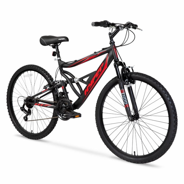 Hyper Bicycles 26" Shocker Mountain Bike for adults 14+ in black and red with dual suspension steel frame, 18-speed twist-grip shifting, knobby tires, front and rear linear-pull brakes, padded seat with alloy quick-release clamp, spoked wheels, and resin platform pedals, shown at a 3/4 angle on white background. Suitable for trail riding and park cruising.