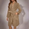 thumbnail image 4 of Womens Plush Fleece Robe Knee Length Cozy Fuzzy Bathrobe with Belt Shawl Collar Warm Soft Towel Robes Khaki, S, 4 of 4