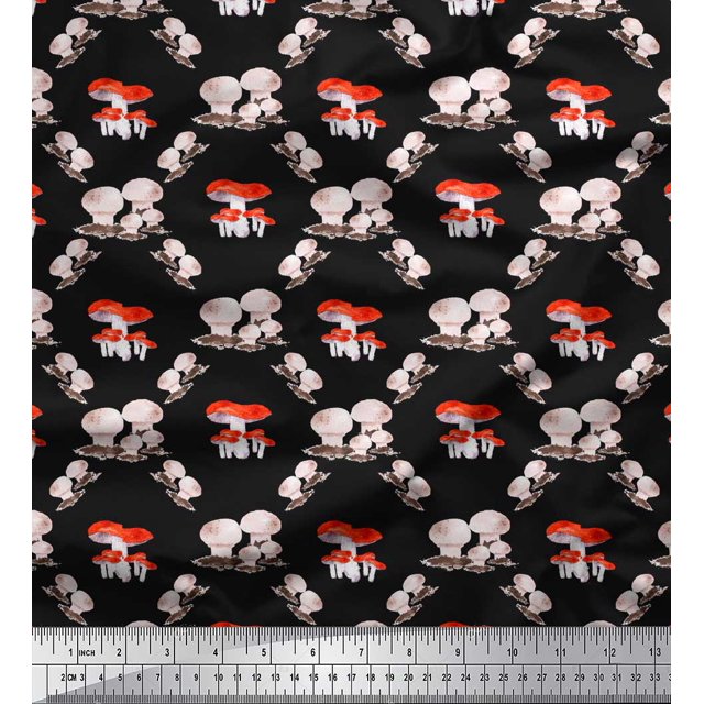 Soimoi Black polyester Crepe Fabric Mushroom Vegetable Printed Fabric 1 Yard 42 Inch Wide