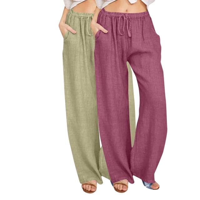 GigrtiJin 2 Pack Womens Lounge Long Pants Solid Color Drawstring Elastic Wasit Wide Leg Pants with Pocket Trendy Lounge Pants