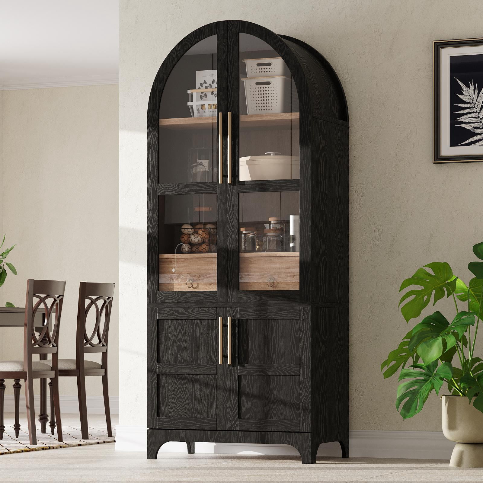 71" Farmhouse Kitchen Pantry Cabinet with Glass Door, Adjustable Shelves, Hidden Drawer, Door Storage Shelves, Freestanding Storage Cabinet for Kitchen & Dining Room, Black