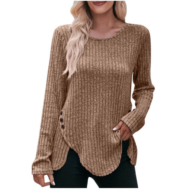 Timegard Tops for Women Ribbed Long Sleeve Scoop Neck Button Pullover Fall Casual Loose Tops Sweater in a neutral brown tone. This women's pullover sweater features a ribbed texture, scoop neckline, asymmetrical hem, and decorative side buttons. Styled with black pants for a casual fall look.