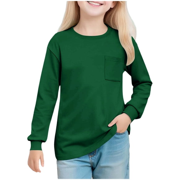 fatyb Girls Long Sleeve Shirts Boys Crewneck Casual Solid Color Kids 5-14 Years Tee Shirts with Pocket