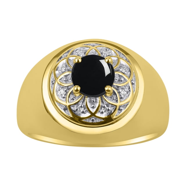 RYLOS Men's Rings 14K Yellow Gold Designer Gypsy 7MM Round Gemstone & Diamond Ring Cabochon Onyx October Size 12
