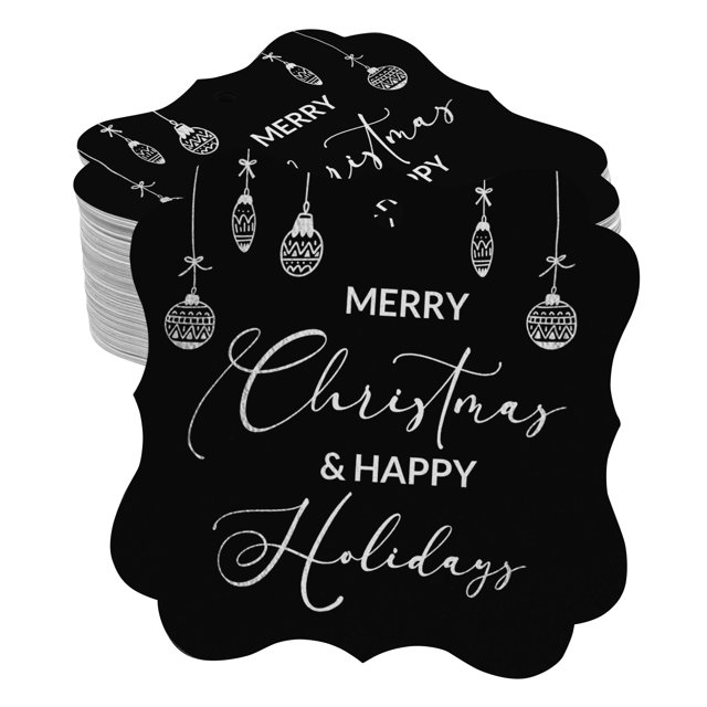 Inkdotpot Pack Of 50 Merry Christmas & Happy Text Paper Tags DIY Craft Bracket Shape Real Silver Foil Hang Tags