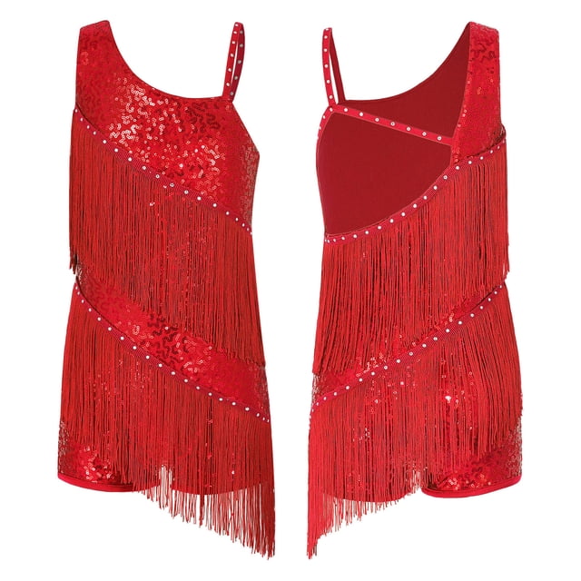 Mufeng Big Girls Latin Rumba Dancing Clothes Samba Tango Competition Modern Jazz Leotards Tassels Dance Dress Red 10