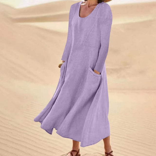 Meichang Robes d'Été pour Femmes Grande Taille en Coton et Lin Robes Maxi à Manches Longues Col Rond Robes Unies Évasées Amples Robes de Plage avec Poches Violet G