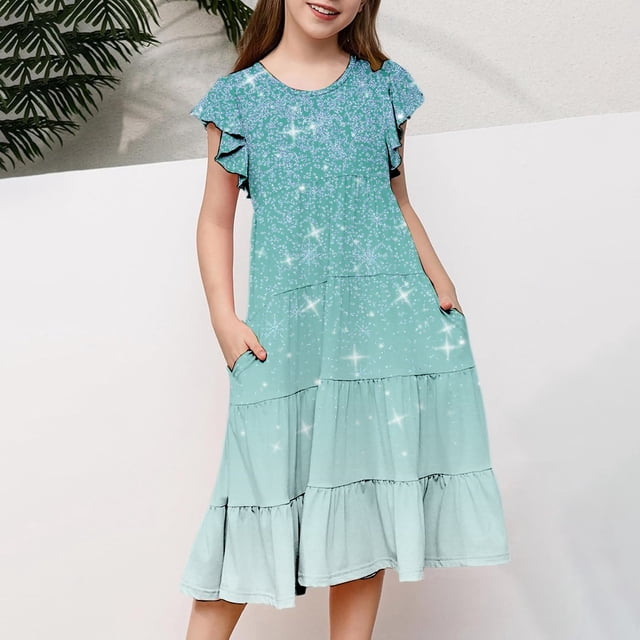 Robes pour Filles Décontractées à Dégradé, Manches à Volants, Col Rond, Robe Trapèze à Étages pour Usage Quotidien en Plein Air 6-15 Ans