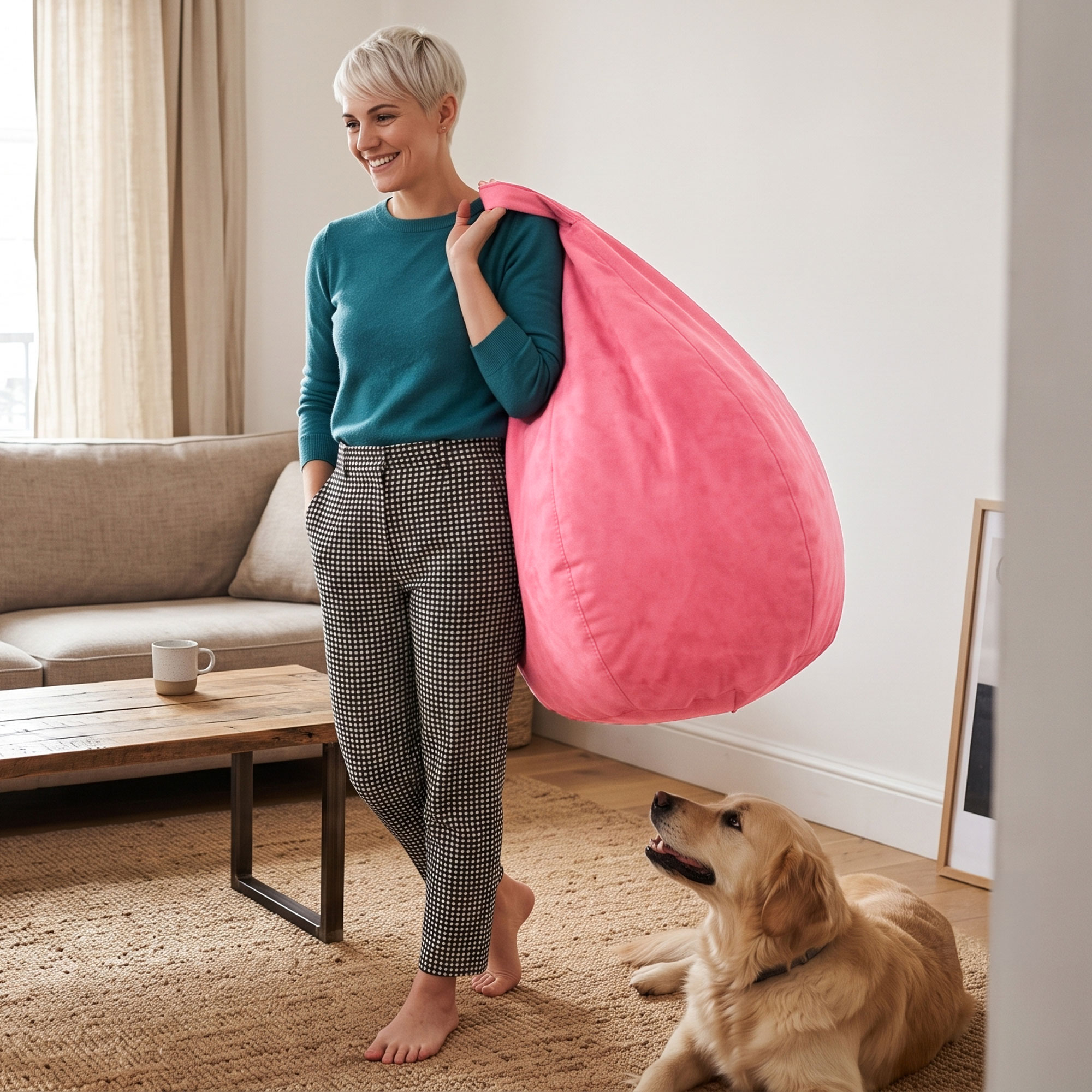 Fauteuil poire Gouchee Home Easy rose – Tissu microfibre polyester doux avec rembourrage en billes de polystyrène, adapté aux adultes et aux adolescents, siège portable pour dortoir ou salon