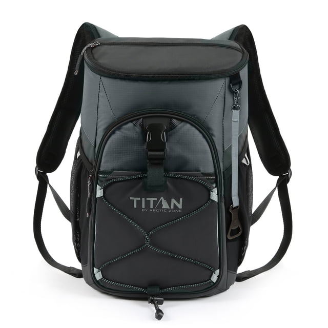 Titan Back Pack Cooler, 24 Can Capacity in basalt grey, front-facing insulated soft cooler backpack with waterproof exterior, padded breathable shoulder straps, front zippered compartment with bungee cord, two side mesh pockets, and a detachable bottle opener on a strap, suitable for camping and outdoor activities.