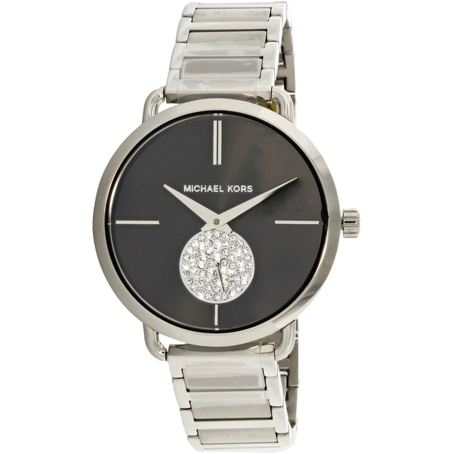 Michael Kors Montre de Mode Analogique pour Femmes Portia MK3638 en Acier Inoxydable Argenté avec Cadran Noir, accents Pavé de Cristal, Aiguilles Ton Argent et Bracelet durable en Acier Inoxydable. Conçue avec des Pièces Suisses, Mouvement à quartz et Résistance à l'Eau jusqu'à 50 Mètres (165 Pieds).