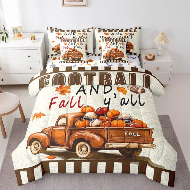 YST 7Pcs Thanksgiving Fall Kids Bedding Set for Boys,Full Size Comforter Set with Sheets and Pillowcase,7Pcs Bed in a Bag,Pumpkin Children Bed Set,Fall Comforter