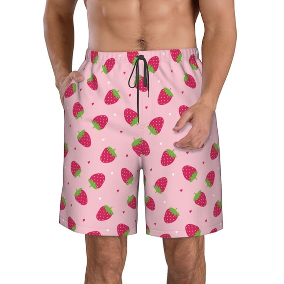 Wukai Strawberries Print Beach Trunks with Compression Liner Swimsuit Quick Dry Beach Sports Shorts with Pocket-Medium