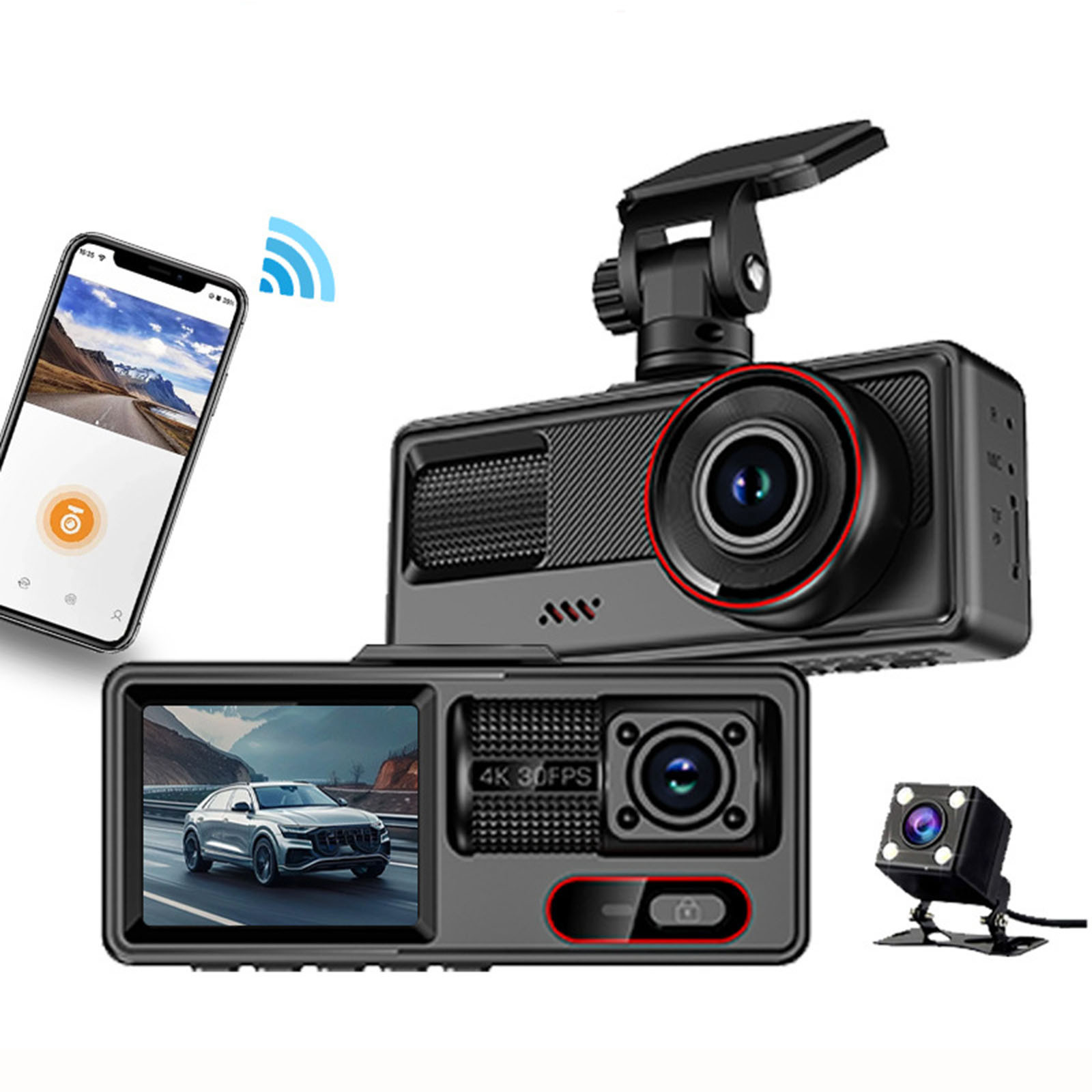 Danhjin Dash Cam 3 Channel Dash Cam Front And Rear Inside 1080P Dash Camera for Cars Dashcam Three Way Car Camera With Infrared Night Vision Loop Recording App