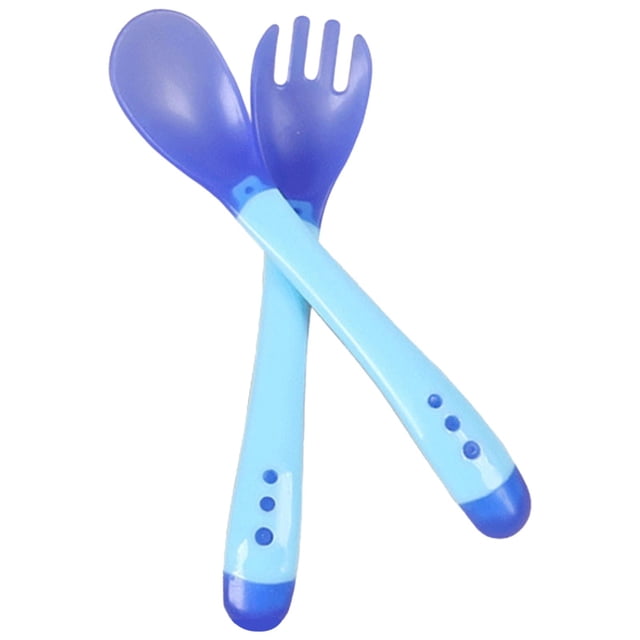 Less Than 5 Tableware Baby Spoons and Forks Feeding Set 2 Pack Soft Silicone Tip Heat Sensitive Toddler Utensils First Stage for Self Feeding Baby Heat Spoon Kit Multi Color Infant Spoons