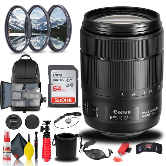 Canon EF-S 18-135mm F/3.5-5.6 IS USM Lens (1276C002) with a versatile zoom range of 28.8-216mm equivalent for APS-C-format DSLRs, featuring NANO USM technology for smooth and silent autofocus. The bundle includes a 67mm 3-piece filter kit, Pro Sling Backpack, SanDisk 64GB Ultra SDXC memory card, lens pouch, memory card reader, 12-inch flexible tripod, memory card wallet, lens cap keeper, cleaning kit, and hand strap. The lens is compatible with the optional PZ-E1 Power Zoom Adapter for enhanced zoom control. Ideal for both still photography and video recording.