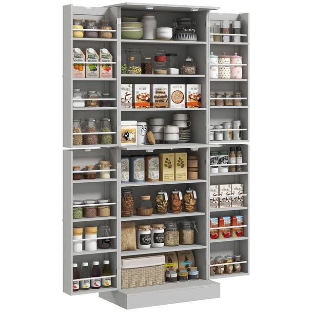 HOMCOM Armoire de Garde-Manger de Cuisine 65 Pouces en Gris avec Tablettes Ajustables et Porte-Épices. l'Armoire Présente des Étagères à 8 Niveaux et 16 Supports de Porte, Offrant un Grand Rangement pour les Essentiels de Cuisine. Fabriquée en Panneau de Particules Face à la Mélamine, Elle Comprend Quatre Portes Magnétiques avec Poignées Rondes pour une Fermeture Sécurisée. la Conception Anti-Basculement Assure la Sécurité, et le style Moderne Complète la Déco de Cuisine Contemporaine. Dimensions : 23.6 Pouces L x 13.8 Pouces P x 65.4 Pouces H.