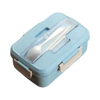 Microwave Straw Bento Lunch Box Spoon Food Storage Container Kids Adult